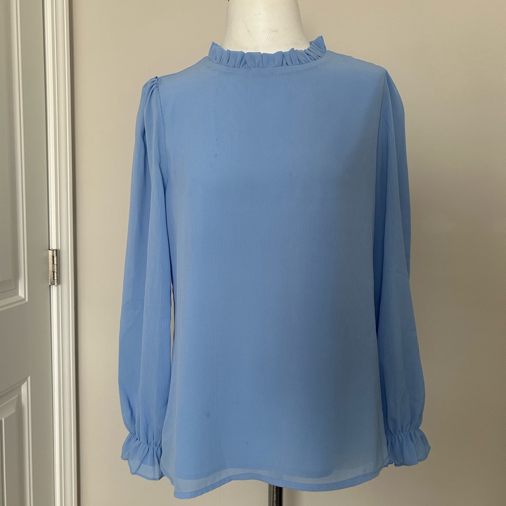 AIFER Light Blue Ruffle Neck Lined  Long Sleeve Women's Top*Small*New w/tags!